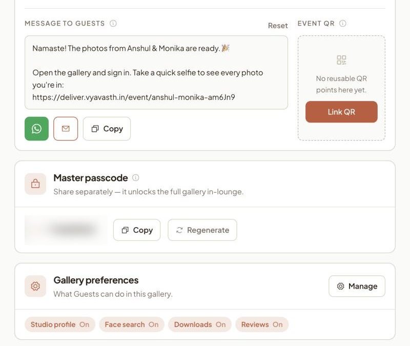 Vyavasth Access and Sharing screen with the guest message, event QR and gallery preferences