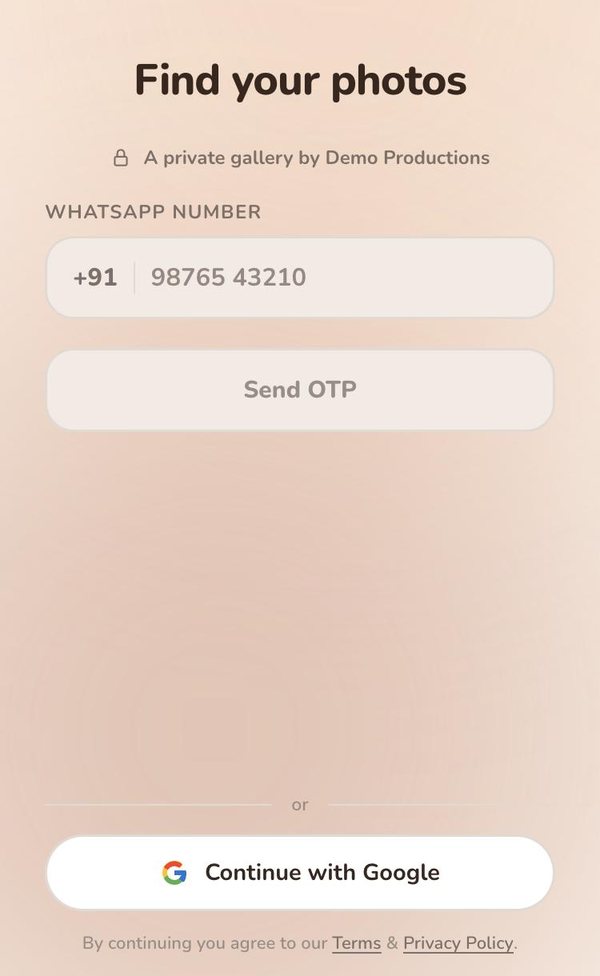 Private wedding gallery sign-in screen on a phone, with WhatsApp number or Google