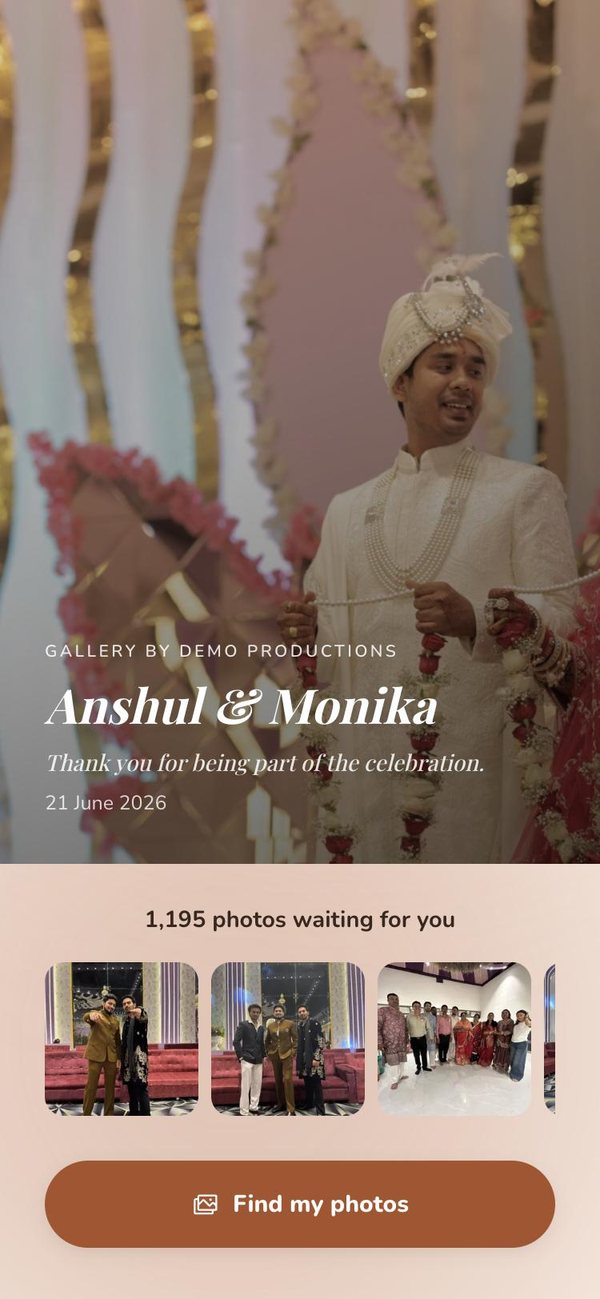 Wedding gallery welcome screen on a phone with a Find my photos button