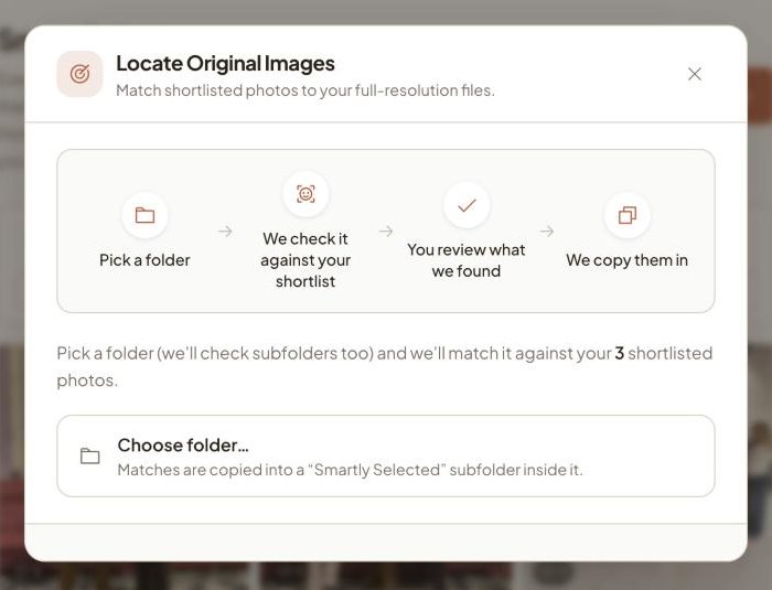 Vyavasth Locate Original Images window: pick a folder, match the shortlist, review, copy