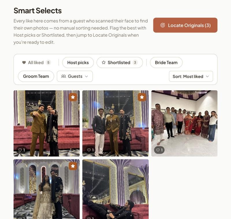 Vyavasth Smart Selects tab with liked wedding photos and filters for Host picks, Shortlisted, Bride Team and Groom Team